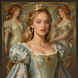 Margot Robbie as a princess, fantasy, intricate, elegant, highly detailed, digital painting, artstation, concept art, matte, sharp focus, illustration, art by Artgerm and Greg Rutkowski and Alphonse Mucha