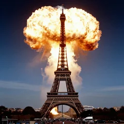 photo of a nuclear explosion in paris in the year 1 9 8 9, the eiffel tower is visible, color picture