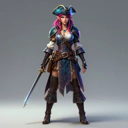 full body front view portrait of a female elven pirate, character design, correct anatomy, concept art, digital illustration, ray tracing, ultra detailed, fantasy, neon lighting, intricate and highly detailed, coloured with lots of colour, pose, fantasy, sharp focus,