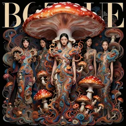 pretty chinese model with hallucination mushroom : : by martine johanna and simon stalenhag and chie yoshii and casey weldon and wlop : : ornate, dynamic, particulate, rich colors, intricate, elegant, highly detailed, vogue, harper's bazaar art, fashion magazine, smooth, sharp focus,