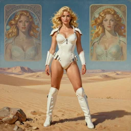 A mixed media portrait painting of a beautiful blonde woman posing on a desert alien planet, soldier, curvy, white atomic-space-age style bikini-armor and boots, aesthetic symmetrical face and eyes, Scandinavian, by Boris Vallejo, Beeple, Frank Frazetta, Greg Rutkowski, Christian MacNevin, Alphonse Mucha, epic fantasy character art, high fantasy, CGsociety, 60's Sci-fi Pinup style, exquisite detail, post-processing, masterpiece, cinematic