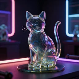 A glass sculpture of a cat in a dark room surrounded by neon lights, trending on artstation, photorealistic