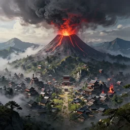 a powerful japanese village high in mountains destroyed by mystic power, fanart artstation global illumination rtx hdr fanart arstation 3 d, volcano, evil smog, concept art by greg rutkowski and laurie greasley, fantastic landscape, 8 k, cinematic color grading