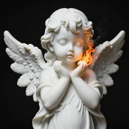 marble angel statue with puffed cheeks breathing fire