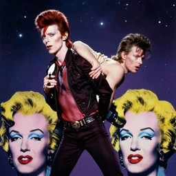 david bowie giving a piggy back ride to ziggy stardust. glam rock. cosmic. andy warhol.