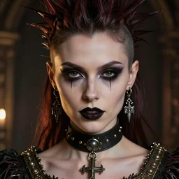 beautiful very extreme closeup portrait, goth girl, piercings collar, mohawk hairstyle, medieval dress. witch, makeup. unreal engine, greg rutkowski, loish, rhads, beeple, tom bagshaw, alphonse mucha, global illumination, detailed and intricate environment