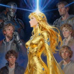 a golden goddess with blue adornments quarter turn figurative anime portrait, in space, transcending to a higher plane in the multiverse, lazer light beaming down to top of her head, by android jones, by ben ridgeway, by ross draws, by Noah Bradley, by Maciej Kuciara + illustrative + visionary art + low angle + oil painting + profile portrait