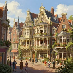 a lively magical town inspired by victorian england and amsterdam, sunny weather, highly detailed, intricate, digital painting, trending on artstation, concept art, matte painting, art by greg rutkwowski, craig mullins, octane render, 8 k, unreal engine