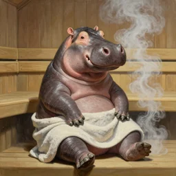 A humanoid hippo wearing a towel sitting in a steamy sauna, oil painting, hyperrealism