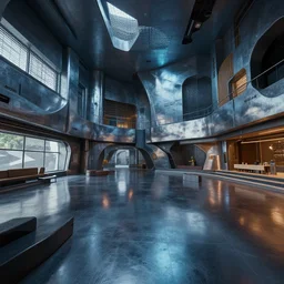 Sci fi interior, unreal engine 5 tech demo, zillow interior, cool tint, metallic reflective, octane render, Frank Lloyd Wright ((Studio Ghibli))