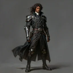 a brown skinned male demon hunter with mid dark curly hair and a cyberpunk priest uniform, windy, stoic, modern, hes alone, maximalist fashion, cgsociety, hyperdetailed, dramatic, epic painting, painted by jean honore fragonard and greg rutkowski, full body, octane render, sharpness, 8 k, golden ratio