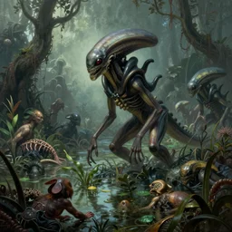 asimov alien swamp exploration humid damp flora fauna by syd mead, frank frazetta, ken kelly, simon bisley, richard corben, william - adolphe bouguereau