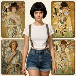 a beutiful woman with black hair pixie cut in shorts with suspenders drawn by ruan jua, norman rockwell, frank frazetta, peter paul rubens, alphonse mucha, gustav klimt 4k, unreal 5, DAZ, french noveau, trending on artstation, octane render, hyperrealistic