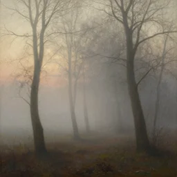 an 1 8 0 0 s romanticism - inspired oil painting of a foggy tree line at dawn
