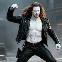 film still from the crow, jason momoa as zobo, black leather jacket, white skin, muscular!!, action pose, dc comics, interstellar mercenary and bounty hunter, digital art cinematic, ridley scott, octane,