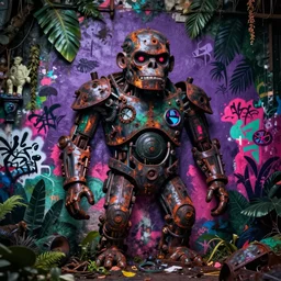 dream of jungle golem, graffiti on the wall, shades of purple, dark green, fuchsia, dirty colours, night, rotten textures, rusty shapes, biotechnology, banksy, david lozano, rene margerit, norman rockwell, tim hildebrandt, wayne barlow, bruce pennington, larry elmore, spray on wall, deep depth field, masterpiece, cinematic composition, hyper detailed, hd, hdr
