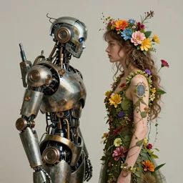 a beautiful intricate fine art portrait photo of a   farewell moment between lovers, a mechanical industrial steampunk cybernetic robot and a human overgrown with colorful flowers and leaves by  tom bagshaw and zach sutton, golden ratio composition,  studio lighting, 50mm lens, very detailed, bionic, cybernetic scifi, deep depth of field, artstation, 8K, highly coherent