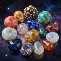 material study, beautiful, colorful, strange exotic gemstones, exotic shapes, sharp focus, highly detailed, 4 k, cosmic background
