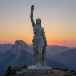 an ultradetailed matte landscape painting of a large mountain made into a sculpture of a woman, sunrise on the horizon in the background, stone hand raised up, 8 k, art by greg rutkowski and albert bierstadt