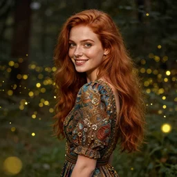 a happy, modern looking young woman looking over shoulder, wonderful detailed dress, among the lights of golden fireflies and nature, long loose red hair, intricate details, green eyes, small nose with freckles, triangle shape face, smiling, golden ratio, high contrast, hyper realistic digital art by artemisia lomi gentileschi and caravaggio and artgerm.