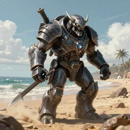 Cyberdemon on Omaha beach, hyperdetailed, artstation, cgsociety, 8k