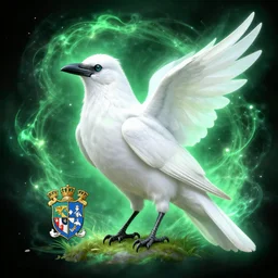 mythical white crow with green magical aura, full colour, family crest, coat of arms, very detailed, jonathan pointer, janie penny,