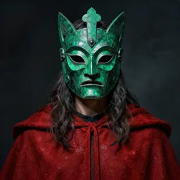 portrait of man, emerald ritual mask of nordic god, red mantle, oil texture, dark, majestic, powerful, dnd artstyle, john howe, greg rutkowski