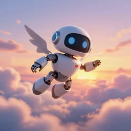 a robot house martin flying in the sky, sunset, mechanical cute delichon urbicum, fluffy clouds, beautiful digital art, pixiv