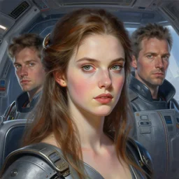 Portrait of alexandra daddario in a spaceship, by Anna Dittmann and Ilya Kuvshinov, Nikolay Makovsky, fantasy, high detail, elegant, digital painting, natural light, vibrant, intricate, textured skin, highly detailed, artstation, sharp, focus, illustration, Nikolay Makovsky