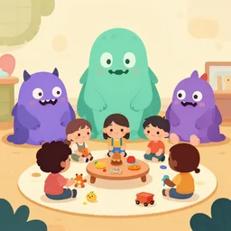 a cute vector illustration of cthulhu monsters as kindergarten kids playing with toys at the creche in the style of gravity falls