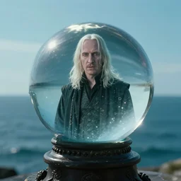 a floating crystal ball full of lord voldemort. above an ocean view. glsr high quality image.