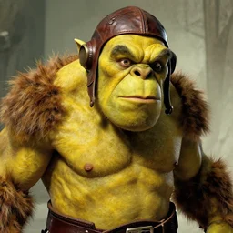 still from lord of the rings of half length portrait of a huge ogre, yellow skin, portayed by elon musk, leather pilot cap, d & d, high fantasy, by donato giancola, facial detail, extremely detailed, comic book cover photo
