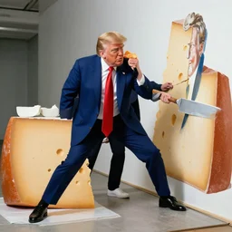 a very shifty Donald Trump getting caught sneaking around stealing cheese painted by Earl Norem