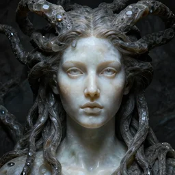 detailed portrait, high priestess, gorgon, realistic face sculpted features, large eyes, statuesque, quartz skin, silk hair, tech noir, supple, smooth, jewel, lit from within, chiaroscuro, organic impressionism, deep backdrop, natural colors, octane render