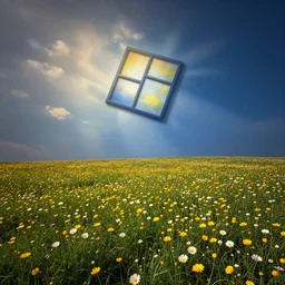 an open field with flowers that looks similar to the windows XP background, liminal space
