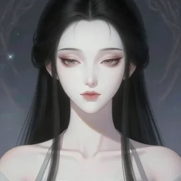 portrait of a beautiful elgant young turkish adult with a heart shaped face, pale ivory skin, downturned hazel eyes, button nose, thin light pink lips, natural straight black eyebrows, long thin black hair, halter neck shirt, ethereal, magical background, intricate facial features, anime, fantasy, digital painting, trending on artstation, deviant art, by wlop
