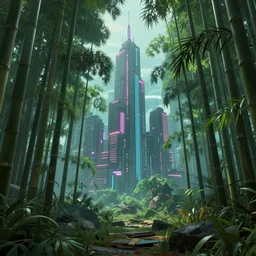 Cyberpunk city in a lush bamboo forest, neon, trees, moody, Octane Render, HD, unreal engine, artstation trending, highly detailed