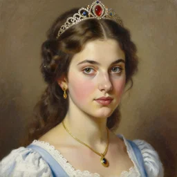 clothed in blouse, tiara, necklace, earrings. close - up face portrait painting of a serbian princess, by boris vallejo.
