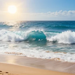 beautiful ocean, huge waves, sandy beach, sun hyperdetailed, artstation, cgsociety, 8 k