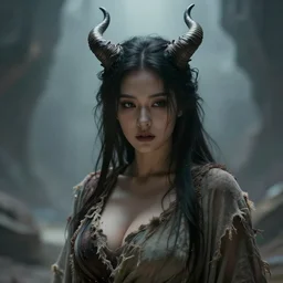 close - up of a curvy woman with devil horns in tattered robes. in a dreamy liminal space. dramatic. cinematic. concept art. 4 k, ultra - high - definition