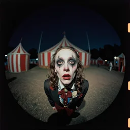 kodak portra 4 0 0, wetplate, 8 mm extreme fisheye, photo of a surreal artsy dream scene, circus, grotesque, portrait
