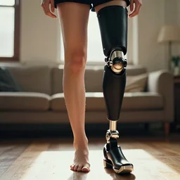 A close-up, kodachrome, low angle, female leg wearing a black metallic prosthetic leg. Backlighting. Vogue magazine. Domestic interior background. H-768