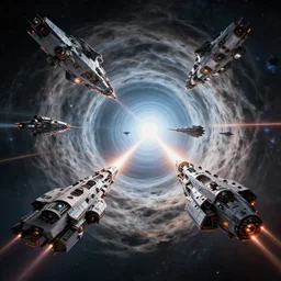 a photo of the space war, detailed spaceships, wormhole combat, cinematic lighting, photorealistic, chuckcheese render by tomino - sama