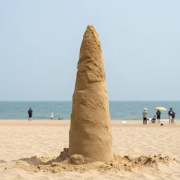 a tower of sand on the beach that's taller than the people around it