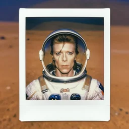 medium - shot photo of pale david bowie!! wearing a space suit with transparent helmet, visible face, background mars surface, blurred, mystical, in the new watchmen movie, polaroid photo, instax,