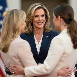press photo of a beautiful thirtysomething powerful white female president in a suit, being held romantically by her two younger white boyfriends in the white house rose garden, professional photo, press photo, glamorous, 8 k photorealistic, very detailed