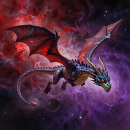 an alien dragon flying in outer space, red and purple nebula, Dan Seagrave art