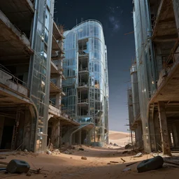 a beautiful hyperdetailed rendering of building urbex alley unfinished building architecture by pieter bruegel the elder, galactic desert dieselpunk gem at night made of glass, archdaily, wallpaper, highly detailed, trending on artstation.