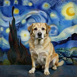 studio portrait of a single wizened old dog in the style of the Starry Night; extremely detailed; oil painting by Vincent van Gogh