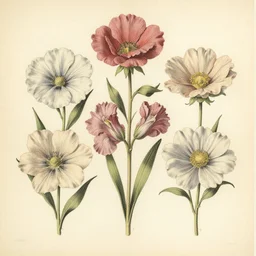 vintage scientific diagram of several flowers, realistic drawings on old paper, saul bass style